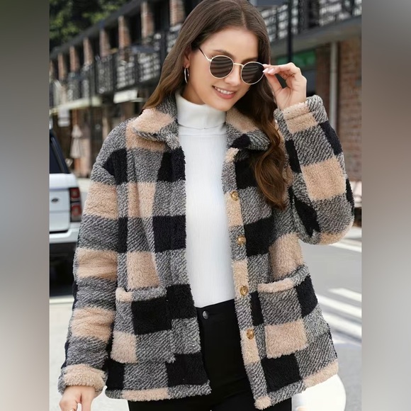 Plaid Print Patched Pockets Teddy Coat, Versatile Long Sleeve Single Breasted - Picture 5 of 5